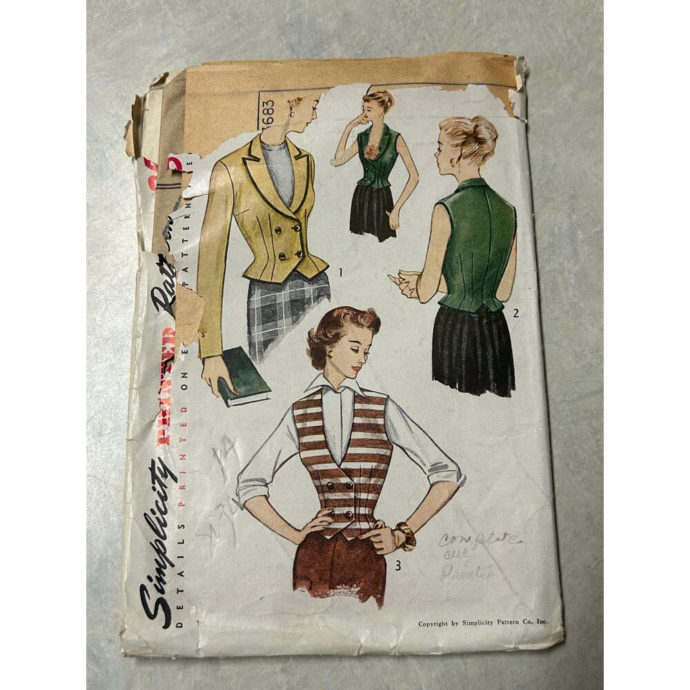 Vintage 1950's Simplicity Pattern #3683 Women's Jacket and Weskit (Vest) Size 14